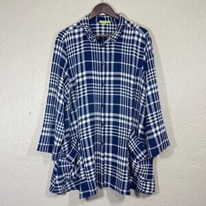 Trisha Tyler Tunic Top 1X Navy White Plaid Gauzy Coastal Preppy Beach Travel Art